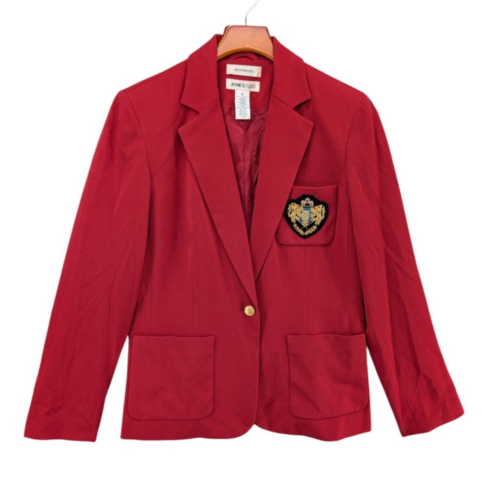 Jones and Co Blazer Jacket Womens Red 1 Button Pocket Patch Size 10